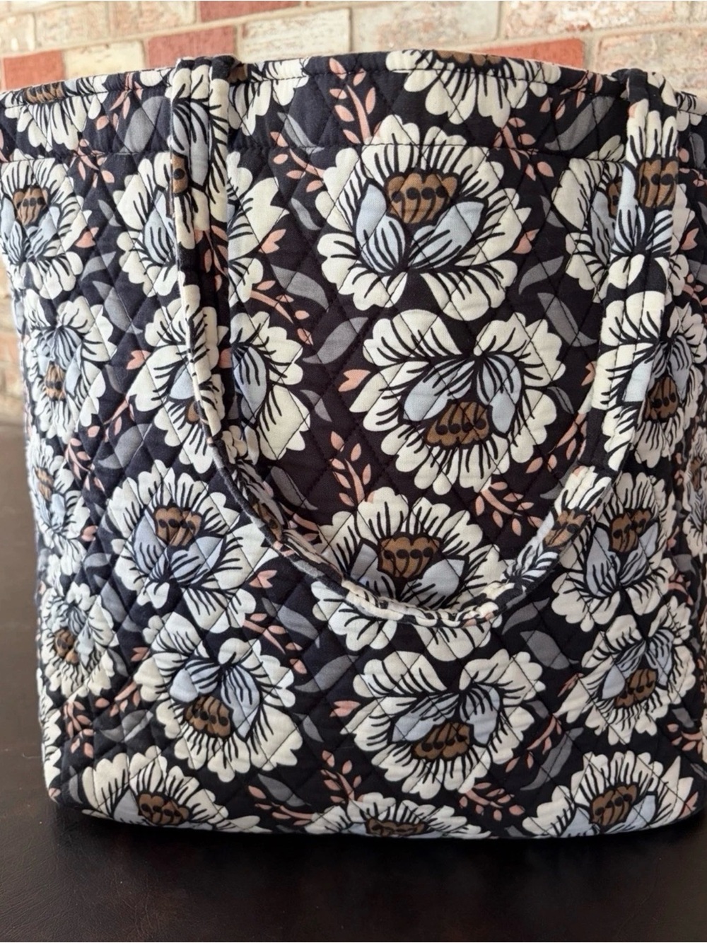 Vera Bradley Quilted Floral Large Tote Bag in Black, Cream and Brown